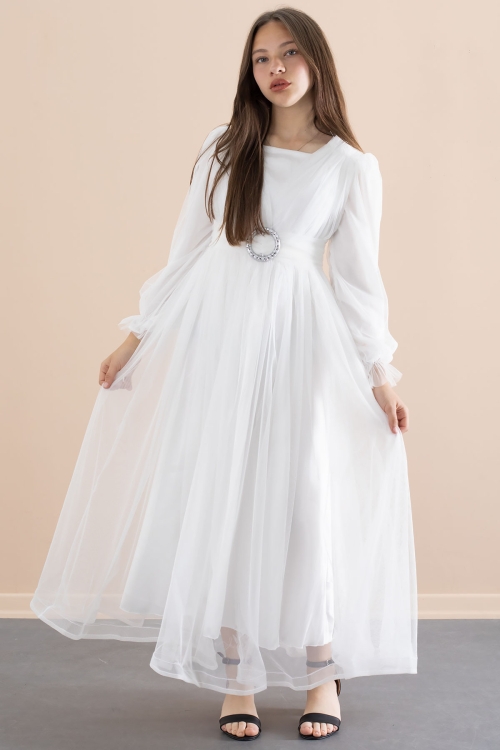 Beyaz Toka Detaylı Astarlı Kız Çocuk Uzun Kollu Tüllü Elbise 21094