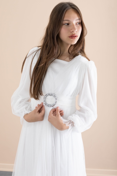 Beyaz Toka Detaylı Astarlı Kız Çocuk Uzun Kollu Tüllü Elbise 21094