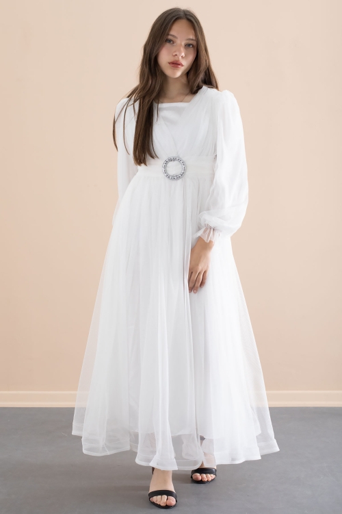 Beyaz Toka Detaylı Astarlı Kız Çocuk Uzun Kollu Tüllü Elbise 21094