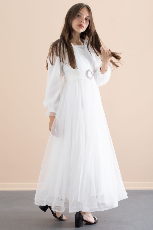 Beyaz Toka Detaylı Astarlı Kız Çocuk Uzun Kollu Tüllü Elbise 21094