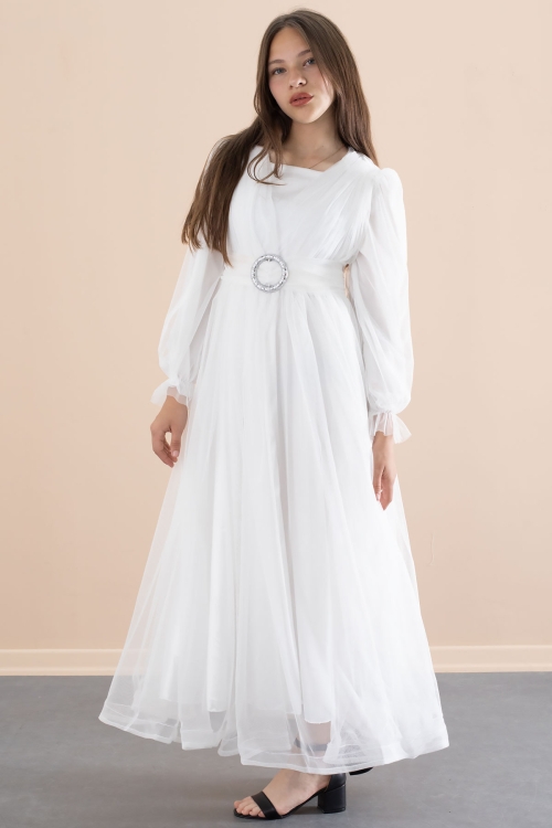 Beyaz Toka Detaylı Astarlı Kız Çocuk Uzun Kollu Tüllü Elbise 21094