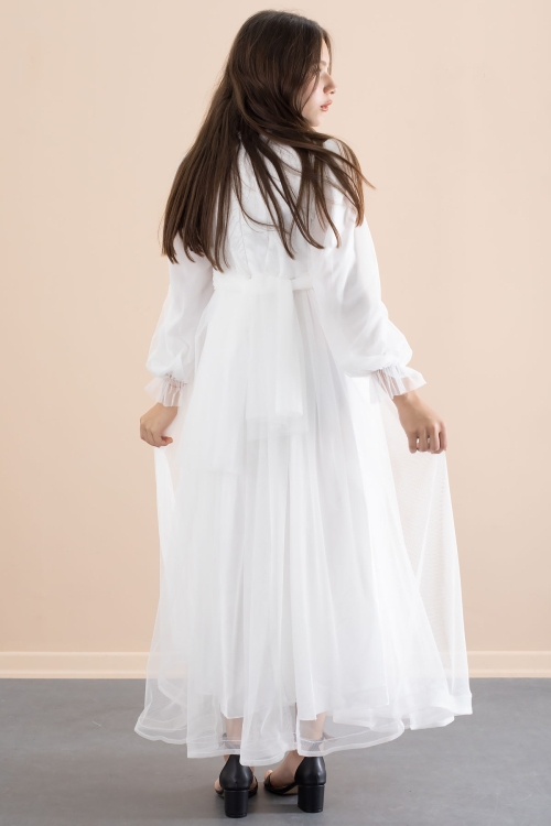 Beyaz Toka Detaylı Astarlı Kız Çocuk Uzun Kollu Tüllü Elbise 21094