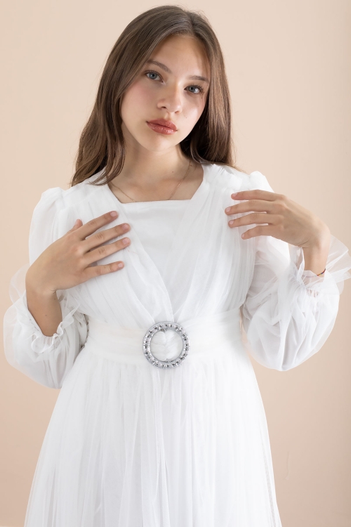 Beyaz Toka Detaylı Astarlı Kız Çocuk Uzun Kollu Tüllü Elbise 21094