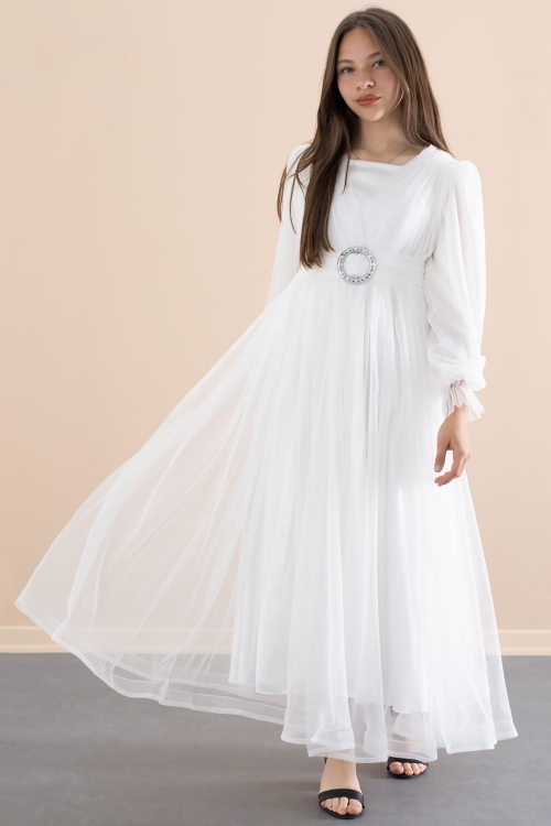 Beyaz Toka Detaylı Astarlı Kız Çocuk Uzun Kollu Tüllü Elbise 21094