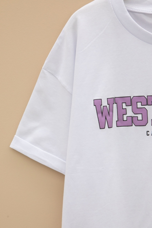Beyaz West Coast Yazılı Kısa Kol Kız Çocuk Bisiklet Yaka Tişört 21025