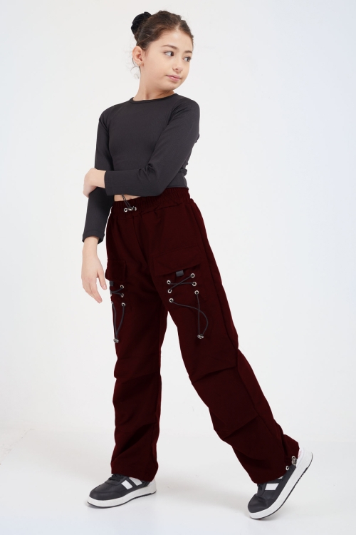 Bordo Bağcık Cep Detaylı Kız Çocuk Paraşüt Pantolon 19145