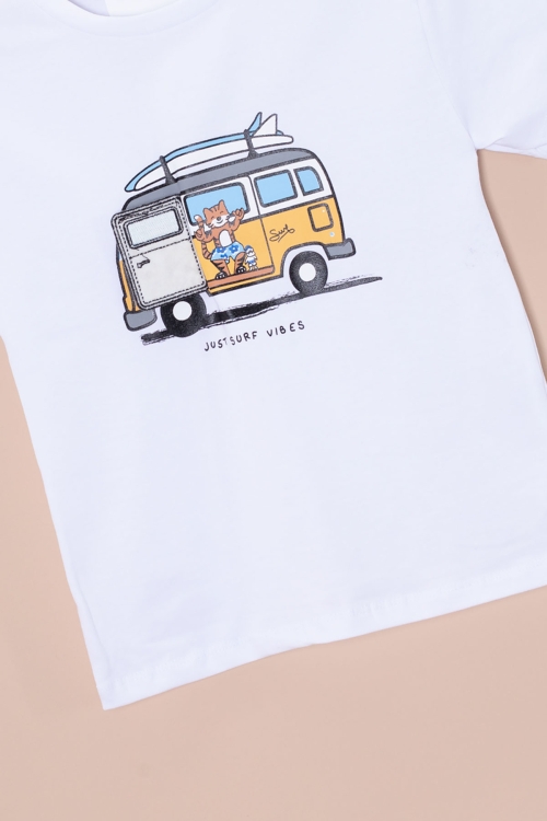 Ekru Araba Baskılı Nakış Detaylı Erkek Çocuk Bisiklet Yaka Tişört 20956
