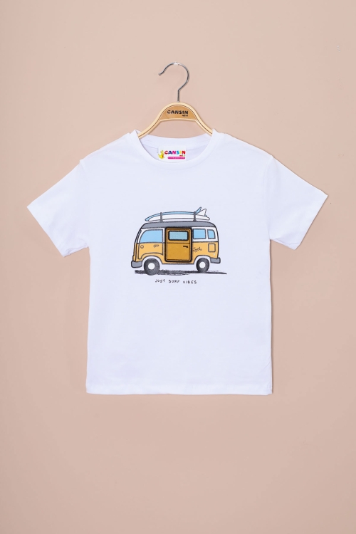 Ekru Araba Baskılı Nakış Detaylı Erkek Çocuk Bisiklet Yaka Tişört 20956