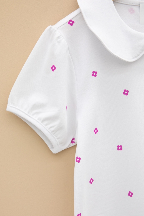 Ekru Çiçek Desenli Düğmeli Yaka Kız Çocuk Tişört 20987