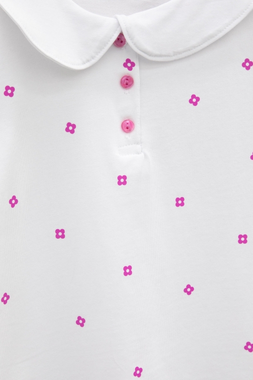 Ekru Çiçek Desenli Düğmeli Yaka Kız Çocuk Tişört 20987
