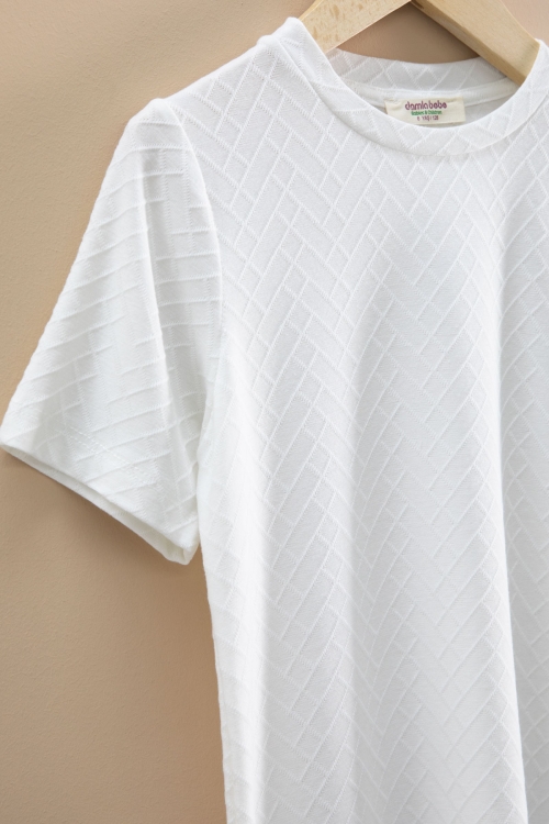 Ekru Çizgi Desenli Bisiklet Yaka Tişörtlü Erkek Çocuk Şortlu Takım 20787