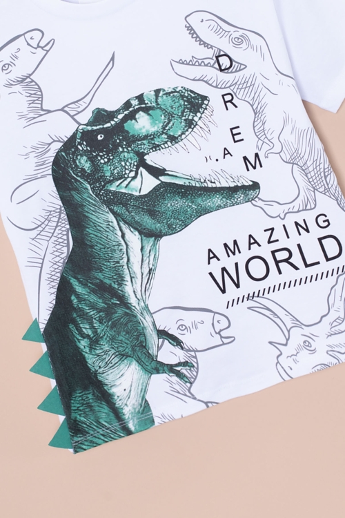 Ekru Dinozor Baskılı Bisiklet Yaka Erkek Bebek Tişört 20952