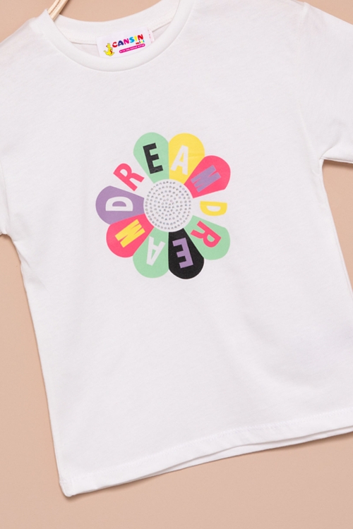 Ekru Dream Baskılı Payetli Kız Çocuk Kısa Kol Tişört 21005