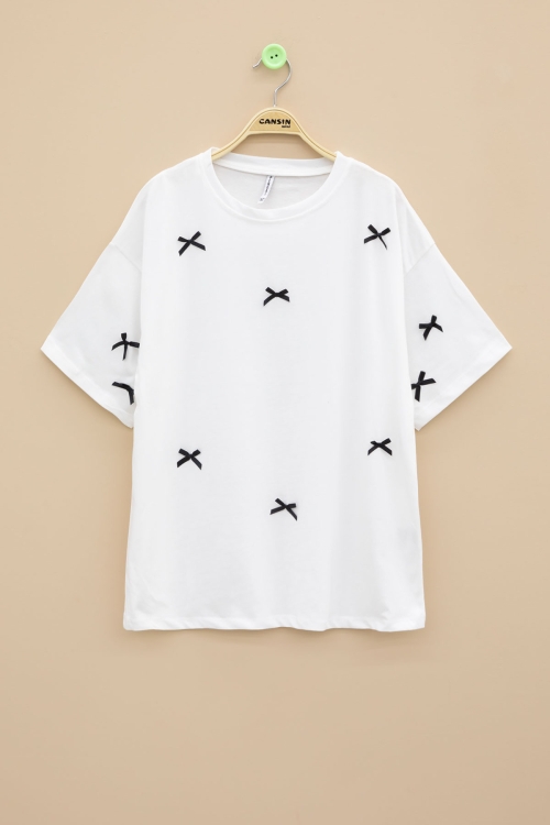 Ekru Fiyonk Nakışlı Kısa Kol Kız Çocuk Oversize Tişört 20800