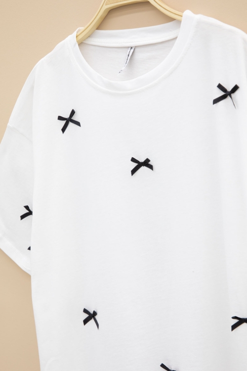 Ekru Fiyonk Nakışlı Kısa Kol Kız Çocuk Oversize Tişört 20800