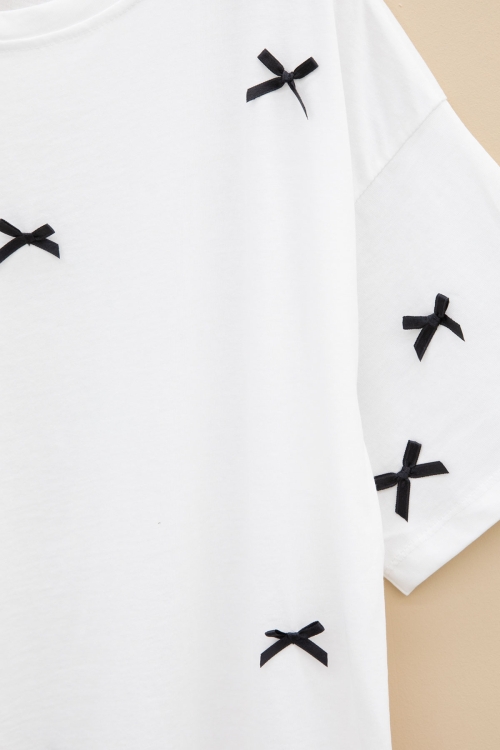 Ekru Fiyonk Nakışlı Kısa Kol Kız Çocuk Oversize Tişört 20800