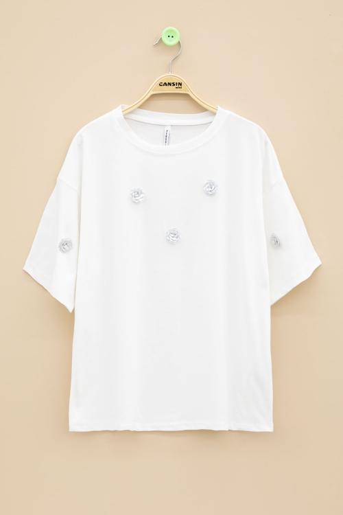 Ekru Gül Nakış Detaylı Kısa Kol Kız Çocuk Oversize Tişört 20809