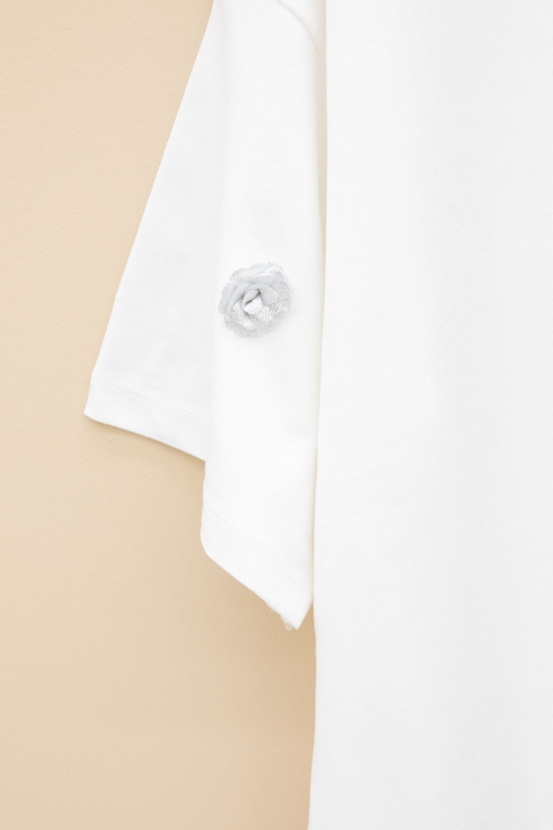 Ekru Gül Nakış Detaylı Kısa Kol Kız Çocuk Oversize Tişört 20809