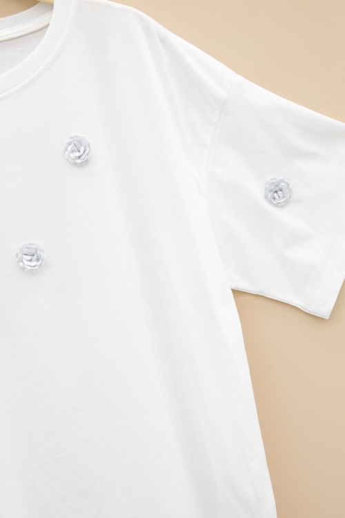 Ekru Gül Nakış Detaylı Kısa Kol Kız Çocuk Oversize Tişört 20809