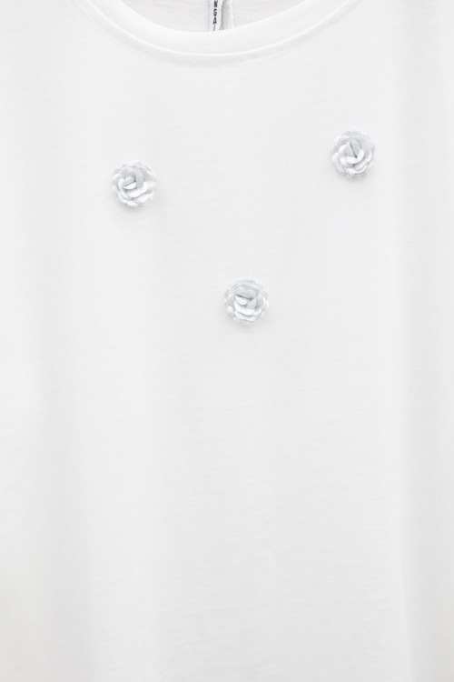 Ekru Gül Nakış Detaylı Kısa Kol Kız Çocuk Oversize Tişört 20809