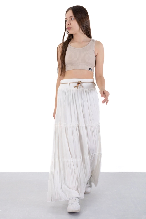 Ekru Hasır Kemerli Uzun Kesim Kırışmalı Kız Çocuk Etek 20501