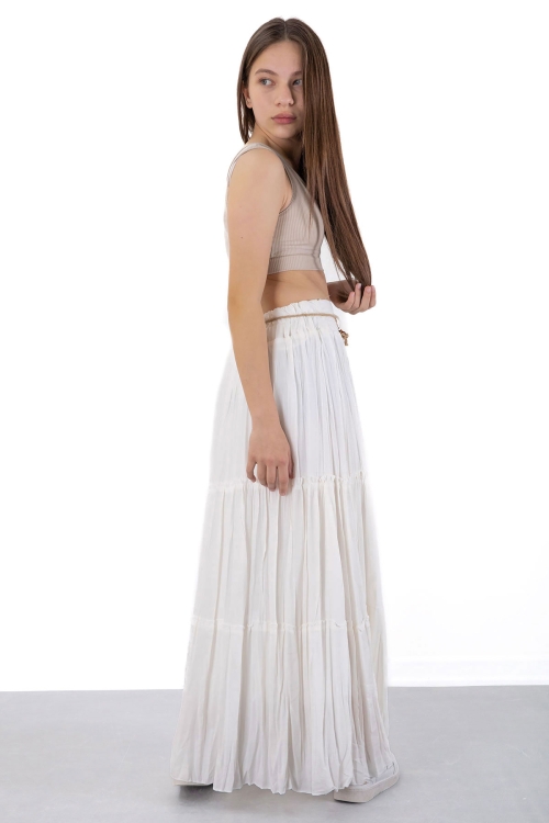 Ekru Hasır Kemerli Uzun Kesim Kırışmalı Kız Çocuk Etek 20501