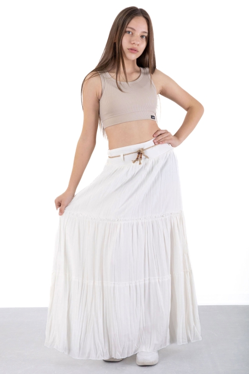 Ekru Hasır Kemerli Uzun Kesim Kırışmalı Kız Çocuk Etek 20501