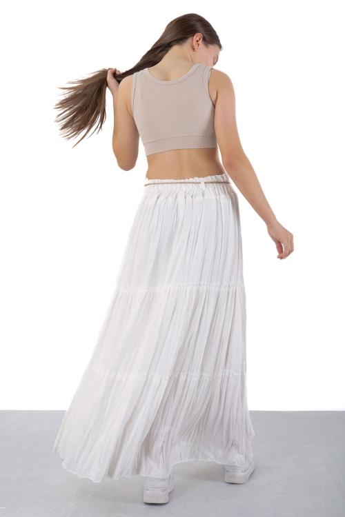 Ekru Hasır Kemerli Uzun Kesim Kırışmalı Kız Çocuk Etek 20501