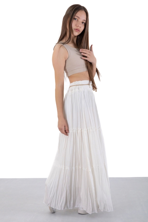 Ekru Hasır Kemerli Uzun Kesim Kırışmalı Kız Çocuk Etek 20501