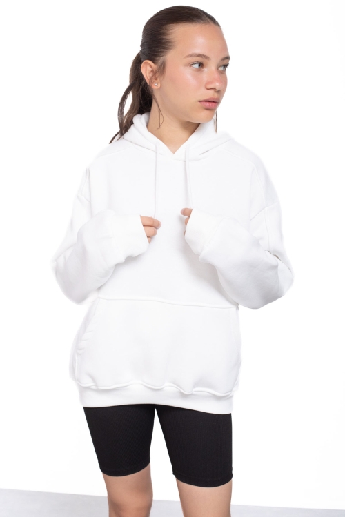 Ekru Kanguru Cepli Basic Şardonlu Kız Çocuk Kapüşonlu Sweatshirt 21210