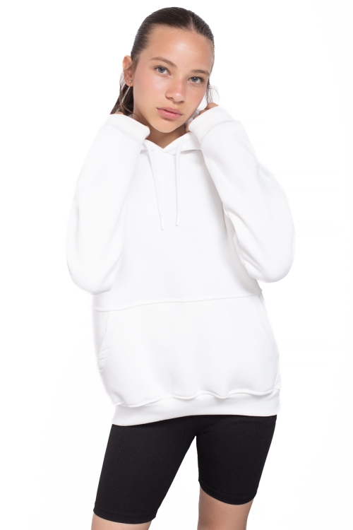 Ekru Kanguru Cepli Basic Şardonlu Kız Çocuk Kapüşonlu Sweatshirt 21210