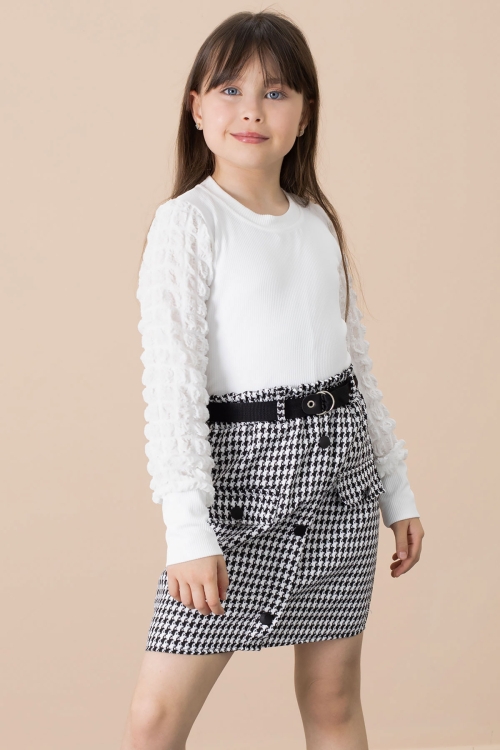 Ekru Kazayağı Desenli Etekli Badili Kız Çocuk 2li Takım 20652