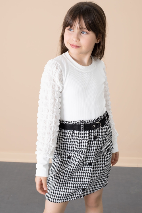 Ekru Kazayağı Desenli Etekli Badili Kız Çocuk 2li Takım 20652