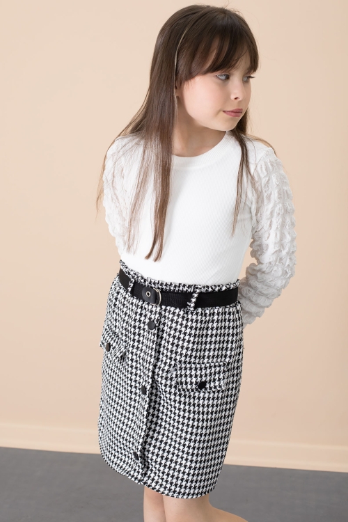 Ekru Kazayağı Desenli Etekli Badili Kız Çocuk 2li Takım 20652