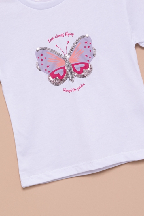 Ekru Kelebek Baskılı Payetli Kız Çocuk Tişört 20997