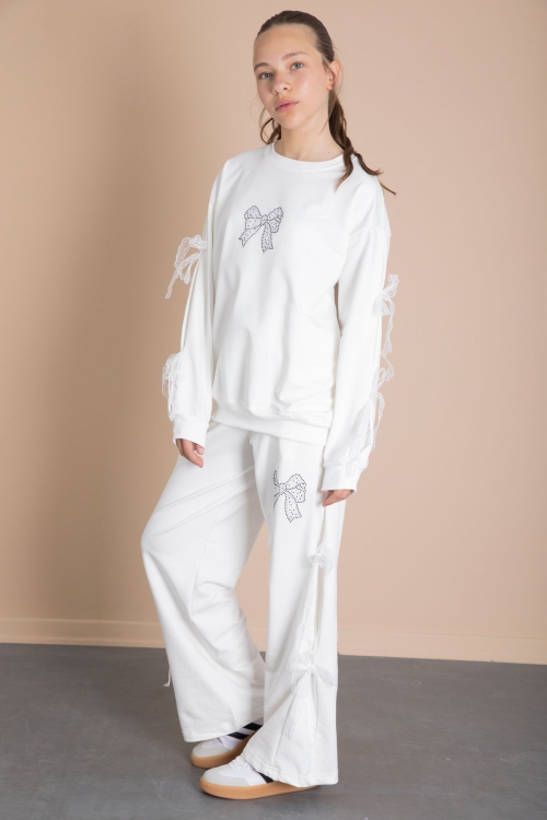 Ekru Yanları Fiyonk Detaylı Geniş Paça Kız Çocuk Eşofman Takımı 21197