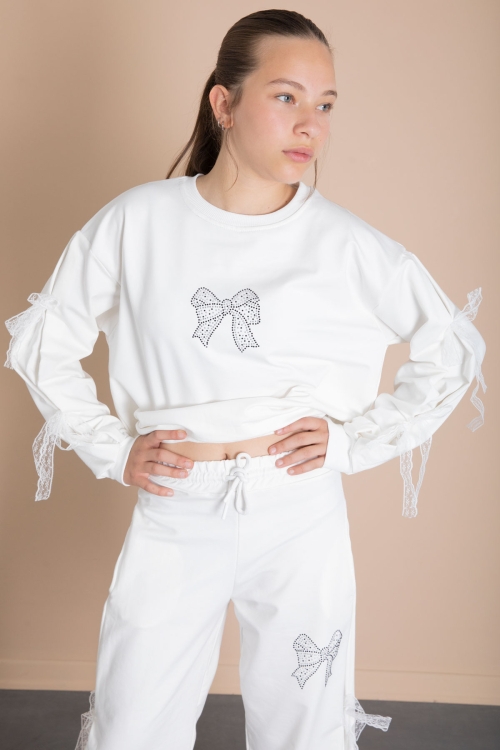 Ekru Yanları Fiyonk Detaylı Geniş Paça Kız Çocuk Eşofman Takımı 21197