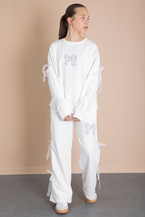 Ekru Yanları Fiyonk Detaylı Geniş Paça Kız Çocuk Eşofman Takımı 21197