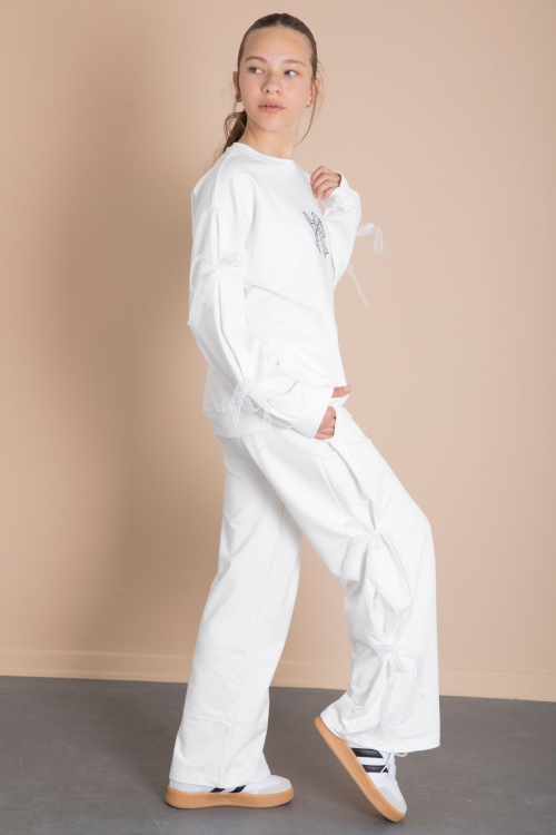 Ekru Yanları Fiyonk Detaylı Geniş Paça Kız Çocuk Eşofman Takımı 21197