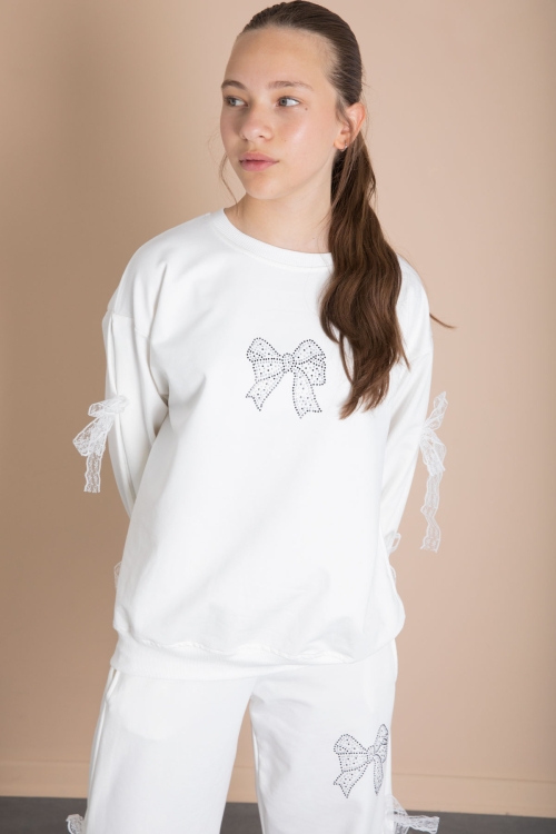 Ekru Yanları Fiyonk Detaylı Geniş Paça Kız Çocuk Eşofman Takımı 21197