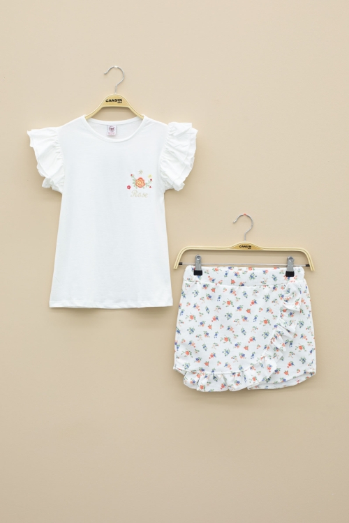 Ekru Kolları Fırfırlı Çiçek Desenli Şort Etekli 2li Takım 20711