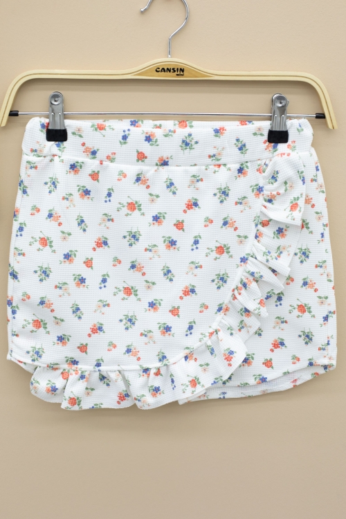 Ekru Kolları Fırfırlı Çiçek Desenli Şort Etekli 2li Takım 20711