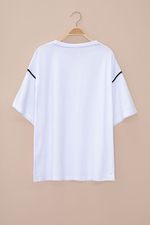 Ekru Kolu Şerit Detaylı Payetli Kız Çocuk Oversize Tişört 20812