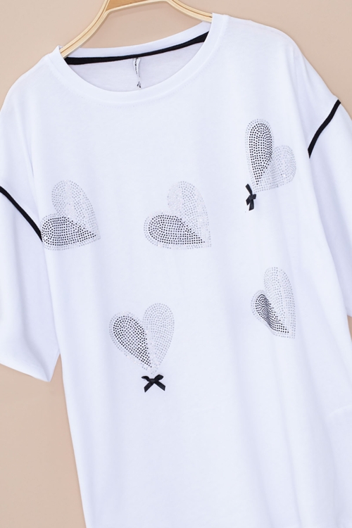 Ekru Kolu Şerit Detaylı Payetli Kız Çocuk Oversize Tişört 20812