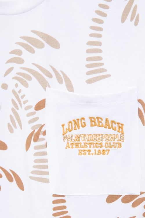 Ekru Palmiye Desenli Yazılı Cepli Erkek Çocuk Bisiklet Yaka Tişört 20932