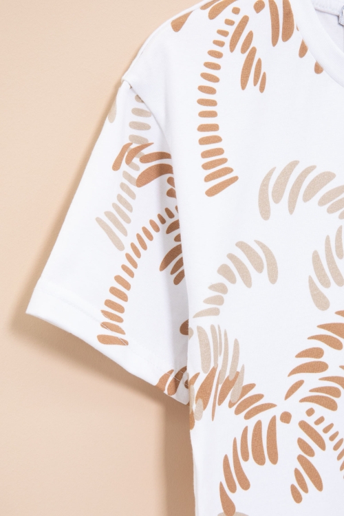 Ekru Palmiye Desenli Yazılı Cepli Erkek Çocuk Bisiklet Yaka Tişört 20932