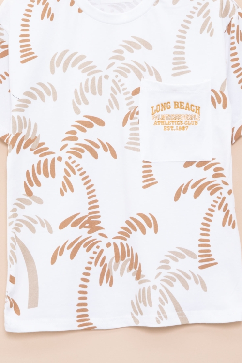 Ekru Palmiye Desenli Yazılı Cepli Erkek Çocuk Bisiklet Yaka Tişört 20932