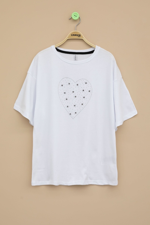 Ekru Payetli Kalp Desenli Kısa Kol Kız Çocuk Oversize Tişört 20791