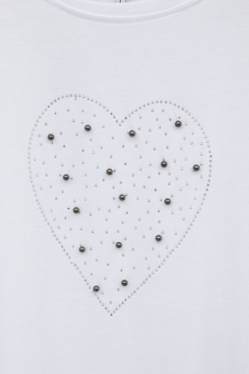 Ekru Payetli Kalp Desenli Kısa Kol Kız Çocuk Oversize Tişört 20791
