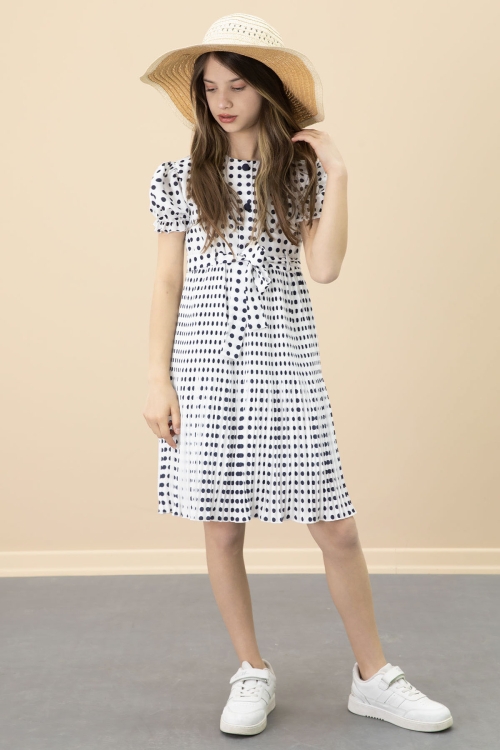 Ekru Puantiyeli Kız Çocuk Kuşaklı Kısa Kol Elbise 20651